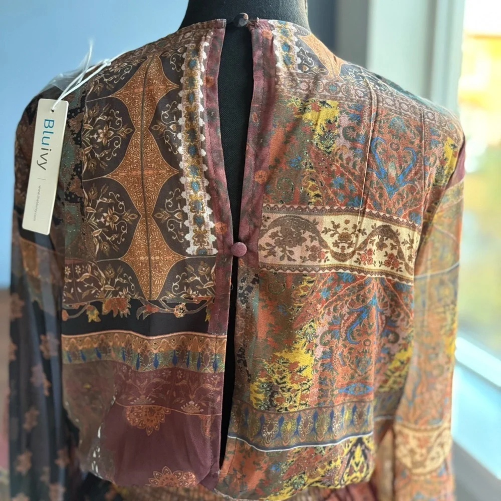 NWT Bluivy Multicolored Patchwork Paisley Long Sleeve Short Romper Smocked Waist - Picture 8 of 17